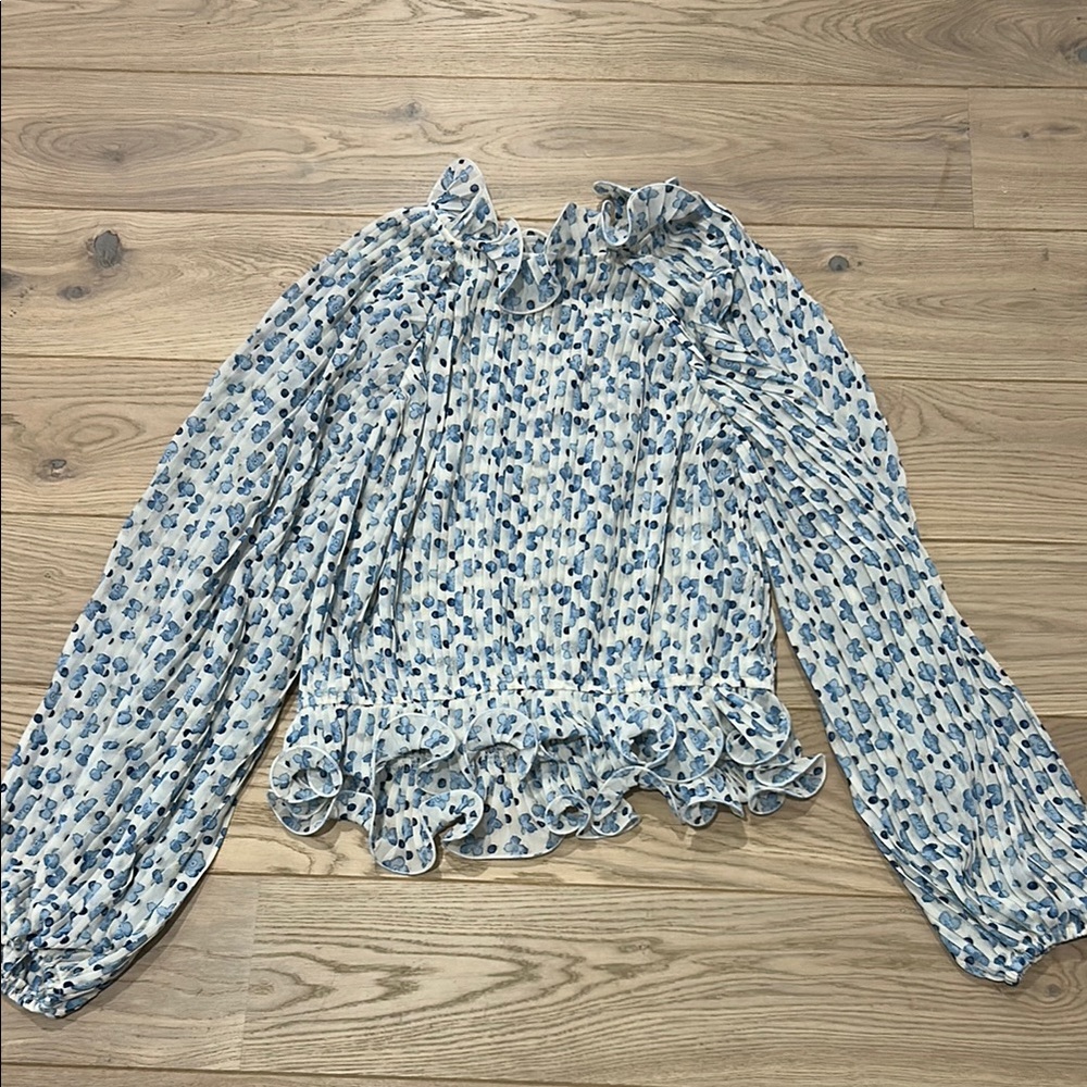 Fate White and Blue Ruffled Smocked Blouse